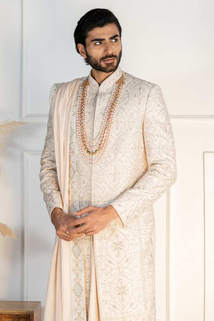 Pure Silk Off White Hand Work Sherwani- Sw 7013