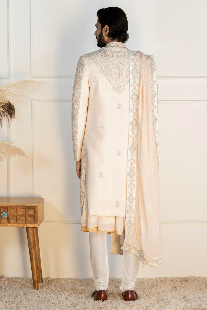Pure Silk Off White Hand Work Sherwani- Sw 7013