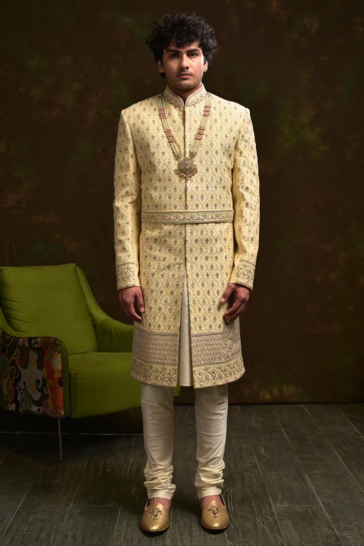 Silk Beige Zari Work Sherwani with Elephant Motif Sw 7014
