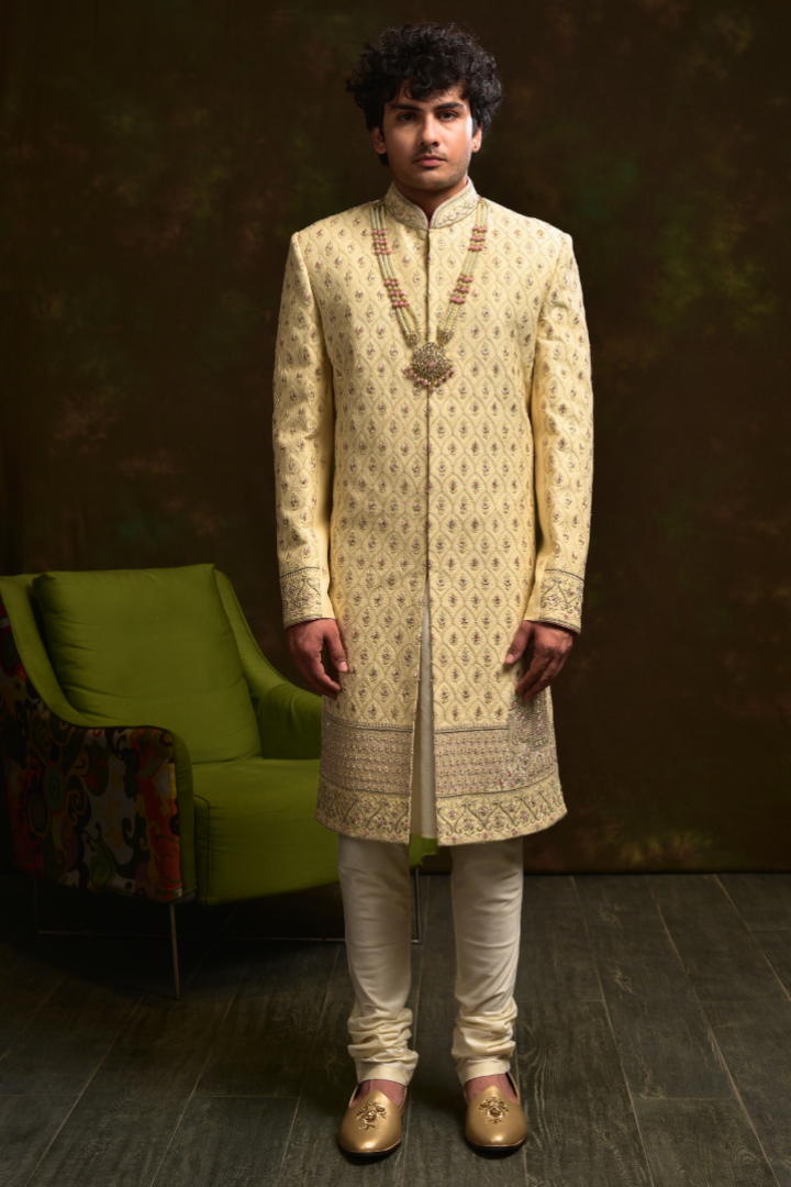 Silk Beige Zari Work Sherwani with Elephant Motif Sw 7014