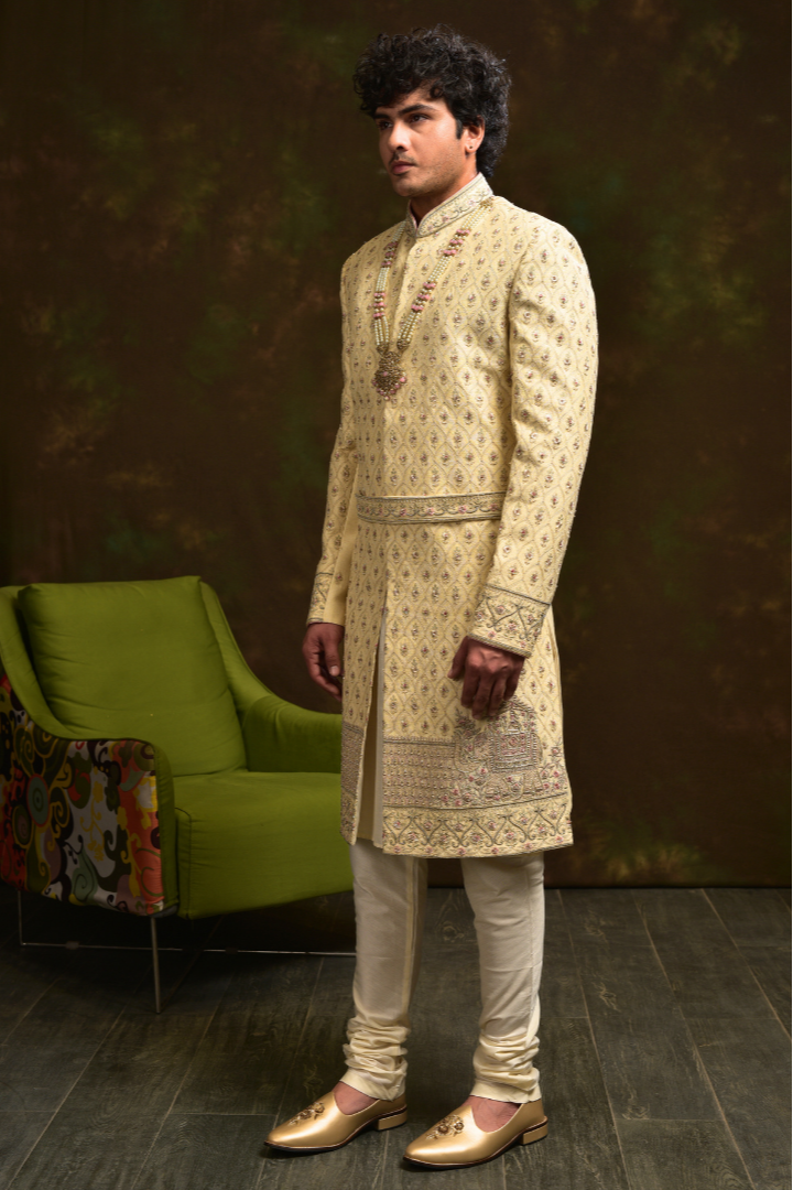 Silk Beige Zari Work Sherwani with Elephant Motif Sw 7014
