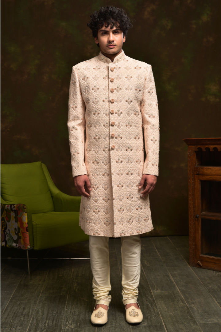 Baby Pink Silk Sherwani with French Knots Hand Embroidery - Sw 7016