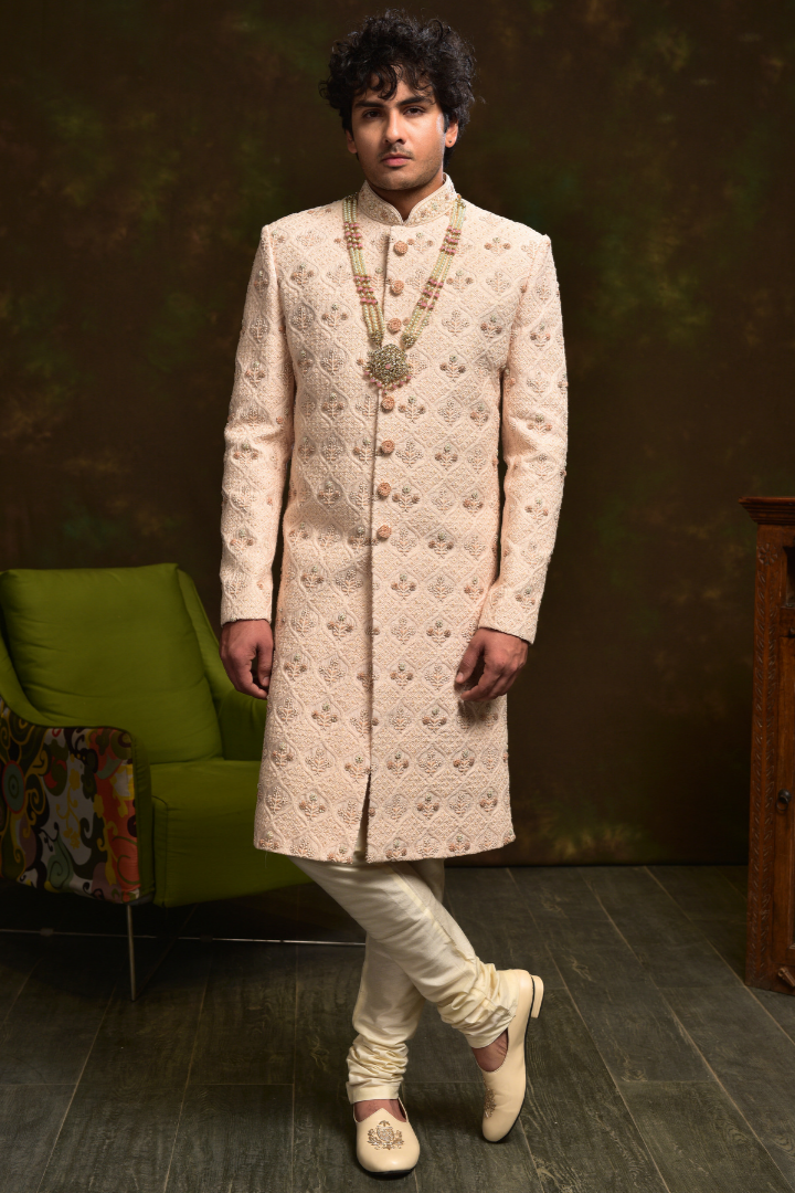 Baby Pink Silk Sherwani with French Knots Hand Embroidery - Sw 7016
