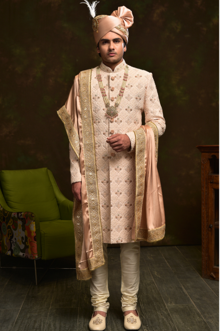Baby Pink Silk Sherwani with French Knots Hand Embroidery - Sw 7016