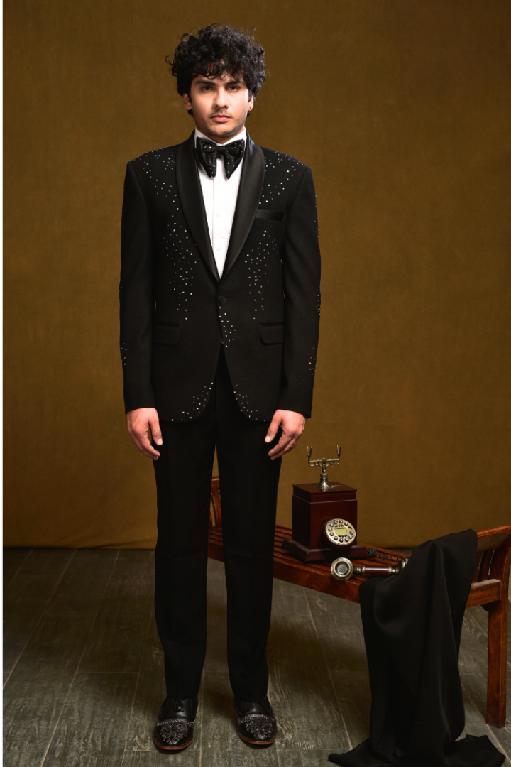 Black Crepe Tuxedo With Sequin Hand Work - Tx 5021