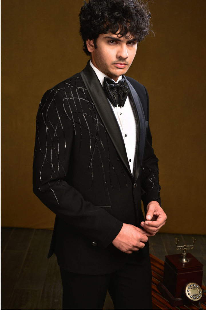 Black Japanese Tuxedo with Cutdana Handwork - Tx 5022