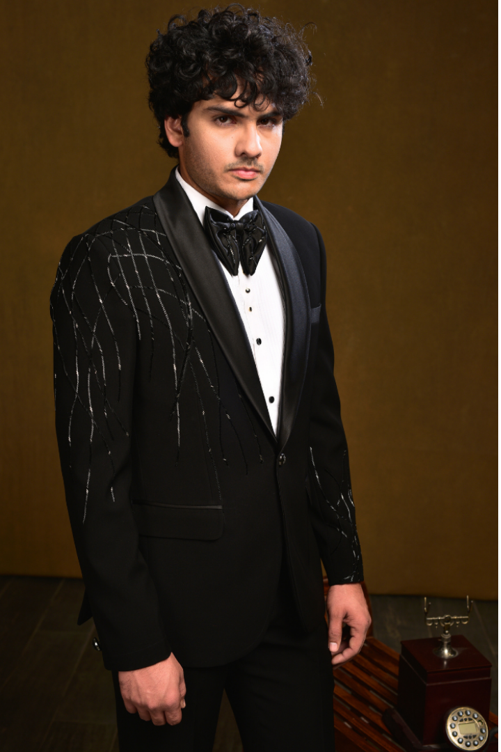 Black Japanese Tuxedo with Cutdana Handwork - Tx 5022