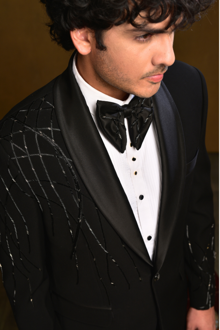 Black Japanese Tuxedo with Cutdana Handwork - Tx 5022