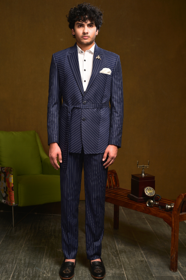 Diagonal Cut & Stitch Suit with Belt - Tx 5025