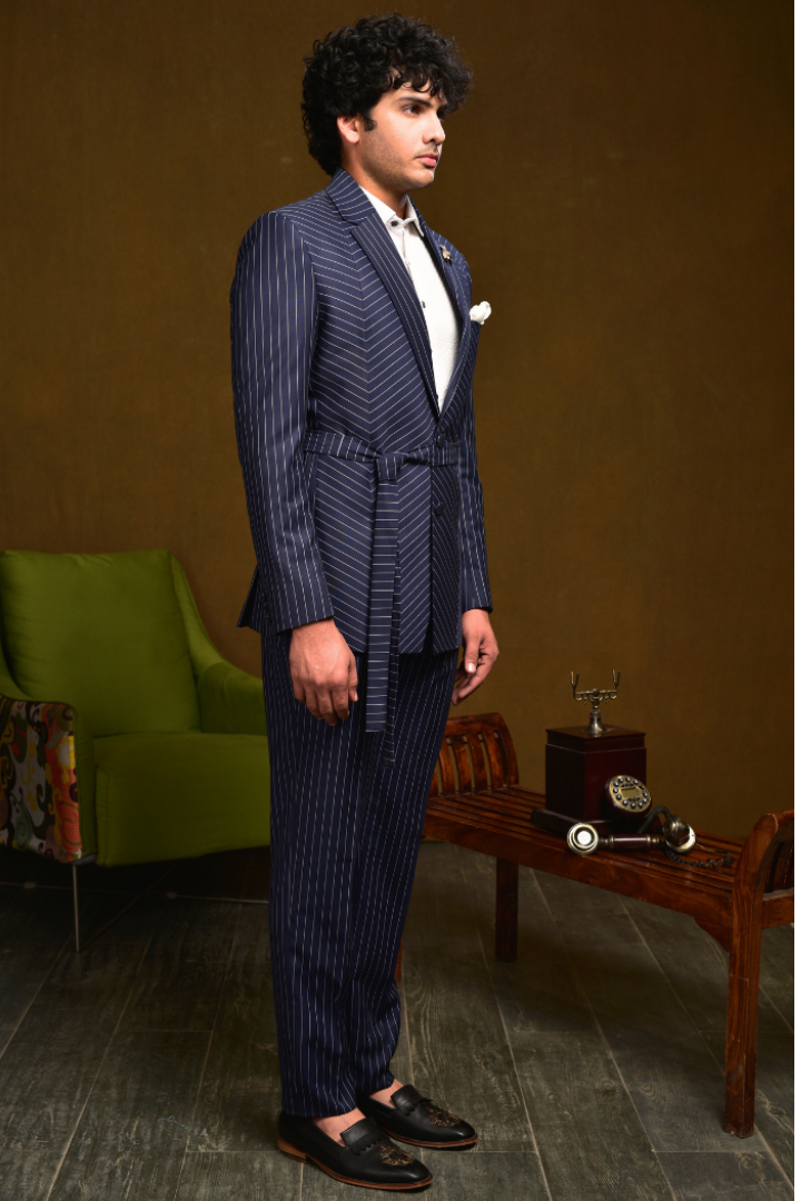 Diagonal Cut & Stitch Suit with Belt - Tx 5025