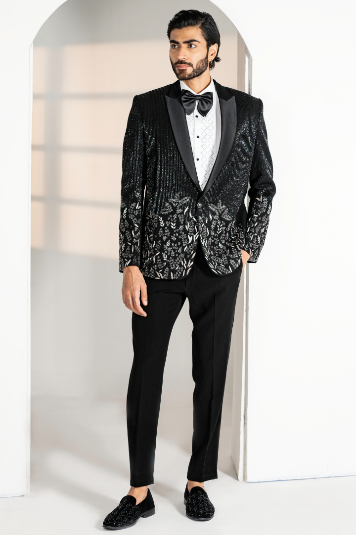 Black Japanese Tuxedo with Silver Zari Handwork- Tx 5017