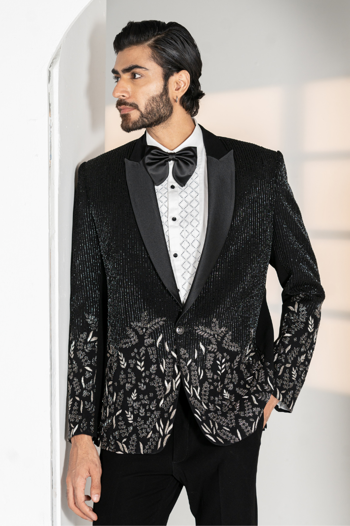 Black Japanese Tuxedo with Silver Zari Handwork- Tx 5017