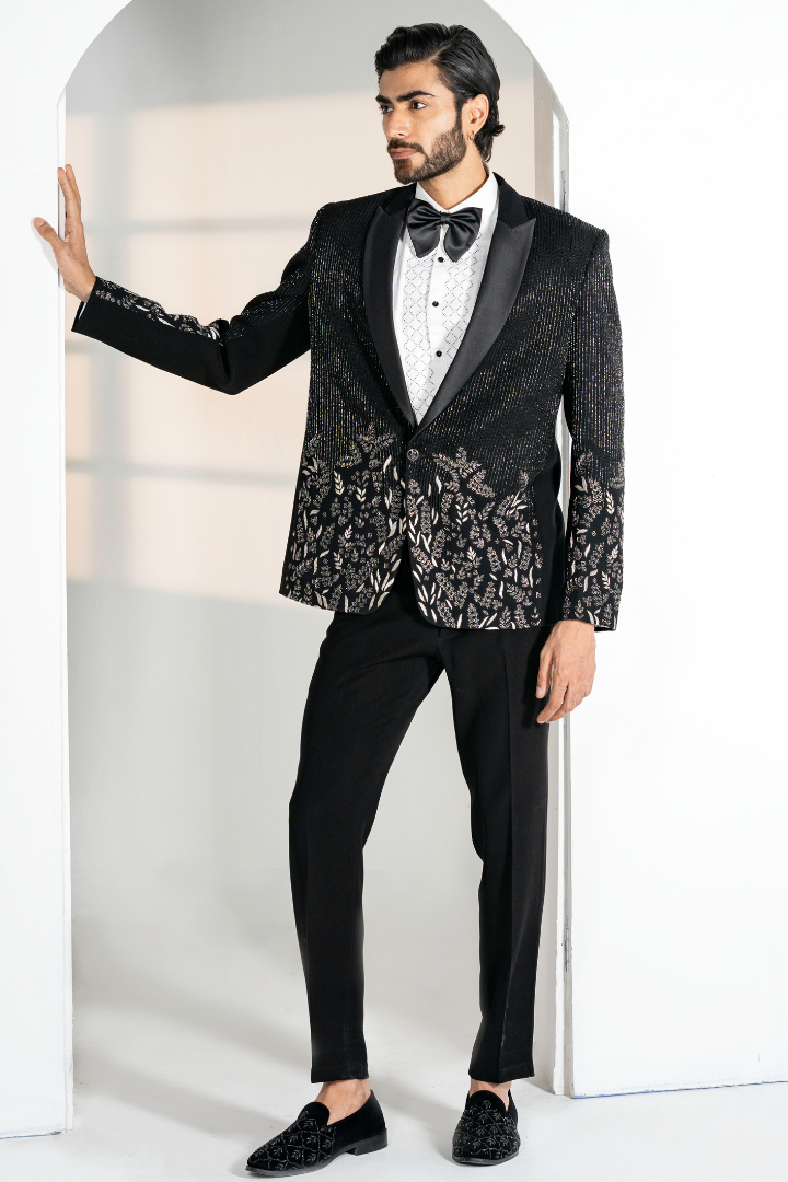 Black Japanese Tuxedo with Silver Zari Handwork- Tx 5017