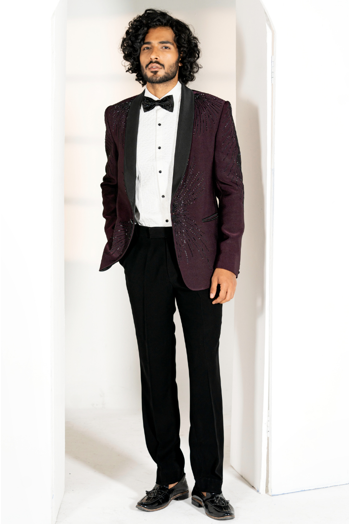 Wine Japanese Tuxedo with Hand Work -TX 5019