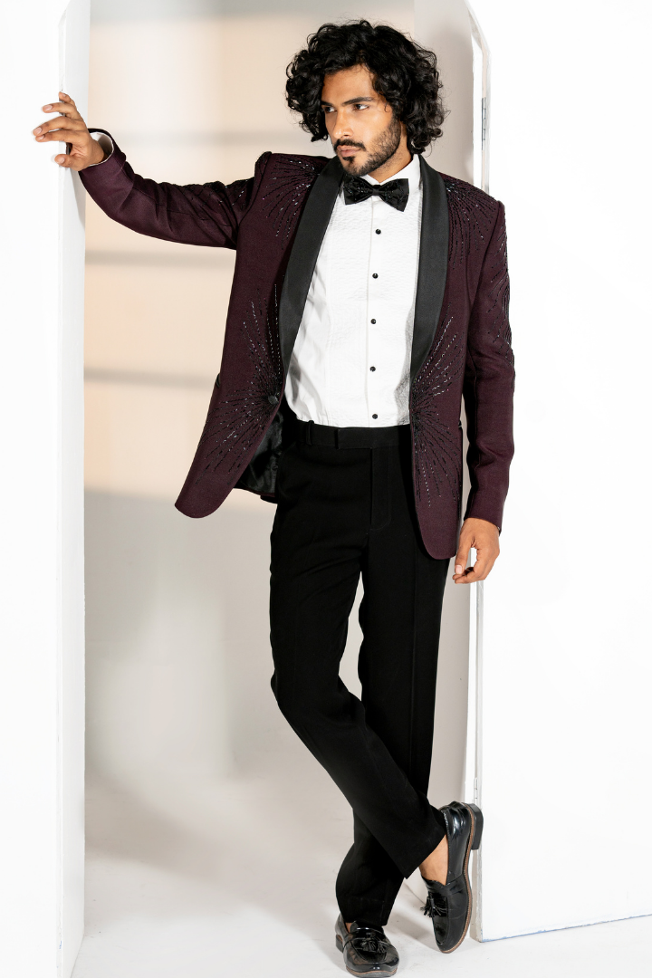 Wine Japanese Tuxedo with Hand Work -TX 5019