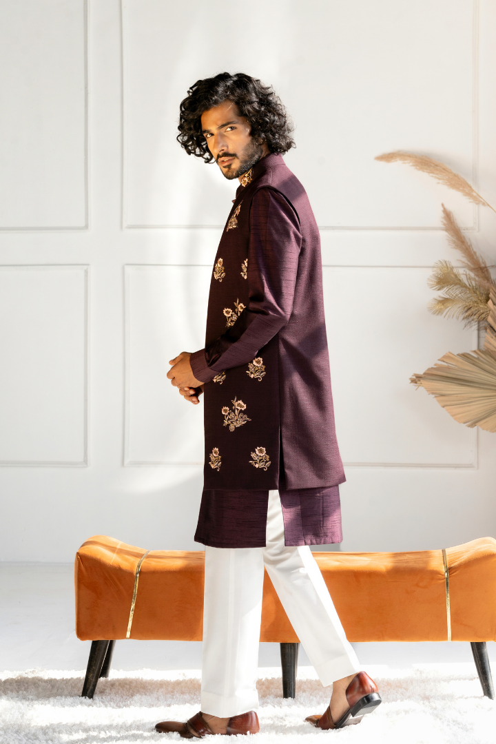 Zari Motifs Long Front Open Jacket with Matching Kurta Set - K 4017