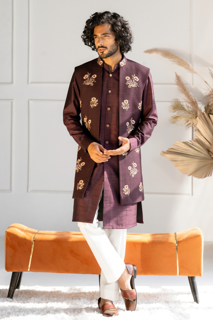 Zari Motifs Long Front Open Jacket with Matching Kurta Set - K 4017