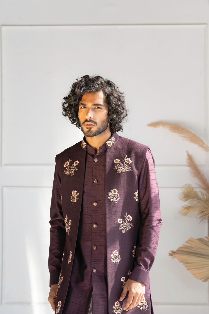 Zari Motifs Long Front Open Jacket with Matching Kurta Set - K 4017
