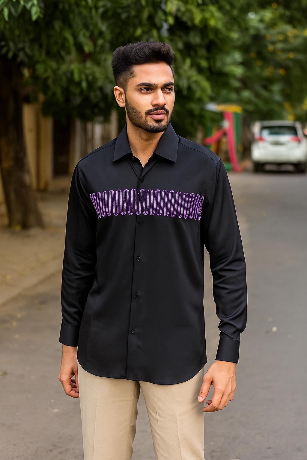 Black Shirt with Thread Embroidery - Sh 6015